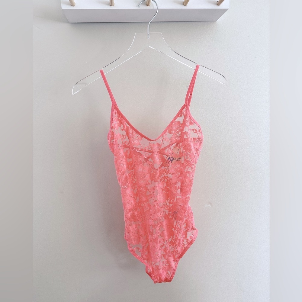Free People Sheer Lace Bodysuit Leotard criss-cross back coral orange size S